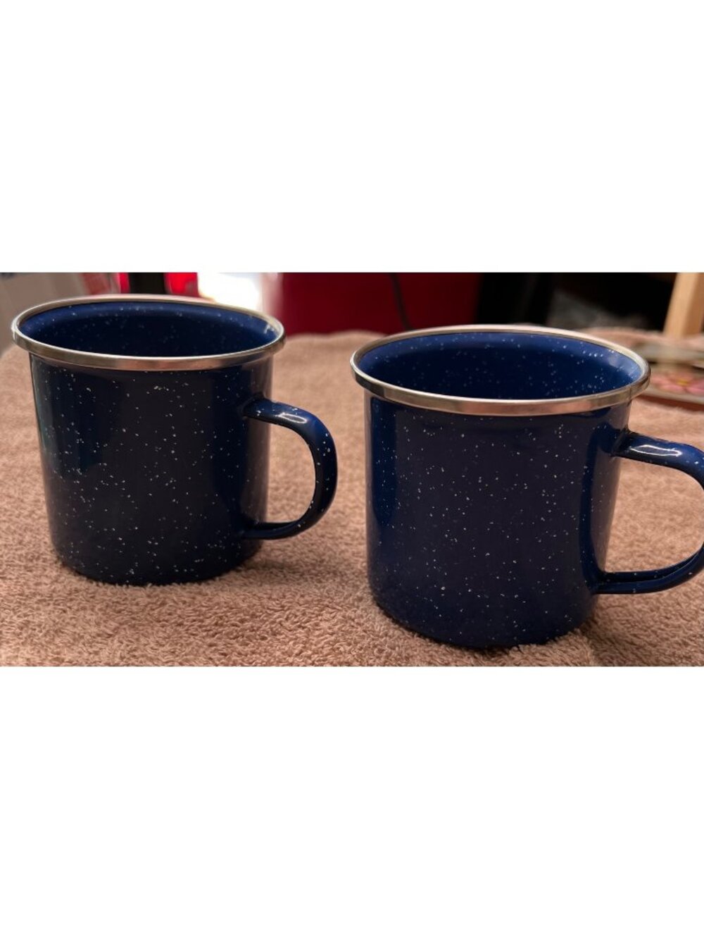Vintage Blue Speckled Enamel Camping Mugs With Silver Rim - Set Of 2